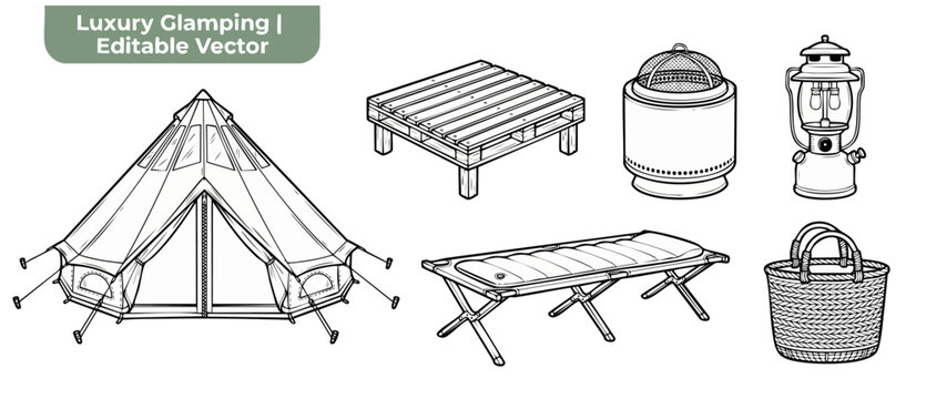Glamping tent vector icon set for luxury camping, outdoor adventure equipment line art illustration including fire pit, lantern, cot bed, wooden pallet, and wicker basket, black and white outline art.