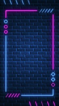 abstract neon lights border frame and shapes on blue brick wall animation, technology and game blank vertical social media motion background