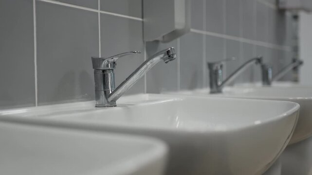 Multiple identical sinks stand in clean row along grey tiled wall structure. Minimalist setup provides sterile and functional environment