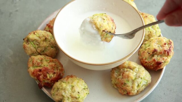 Close-up of a golden crispy baked zucchini tot being dipped into a small bowl of creamy white yogurt sauce