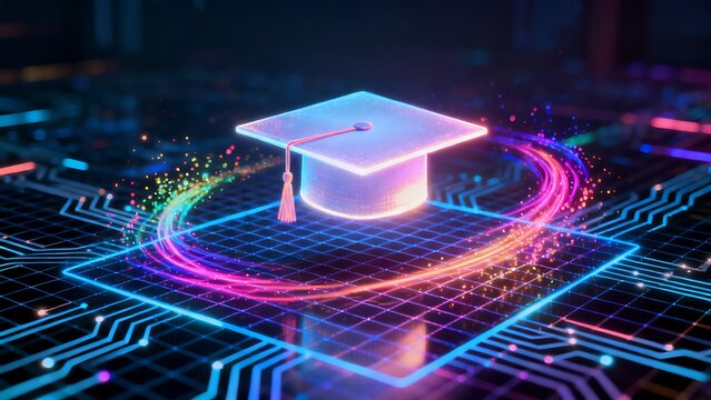 Glowing graduation cap floating above a complex digital circuit board with neon lighting.