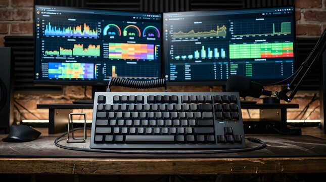 Professional Mechanical Keyboard Setup with Dual Monitors Displaying Data Analytics and Dashboards