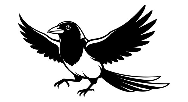 Black and white magpie bird flying with wings open.