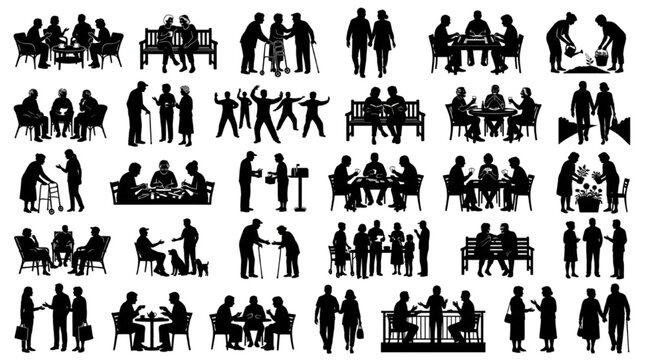 Senior Group Activity Silhouette Vector Mega Bundle &mdash; Elderly Figures Playing Cards, Dining, Dancing, Gardening, Dog Walking and Mailbox
