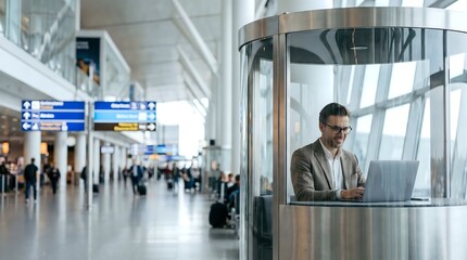 Fototapeta premium AirportHybridPod-SilverNeon-GlassAndMetal-RemoteWork-Background