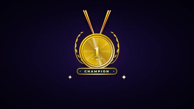 Golden champion medal animation with number one and laurel wreath celebrating first place success and victory achievement on dark background.