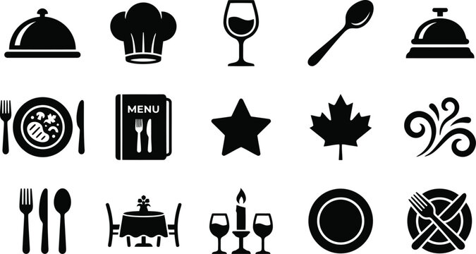 Restaurant icons set featuring food service items like chef hat cloche menu wine glass cutlery and table setting design elements