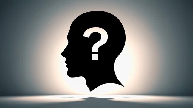 Human head silhouette with question mark inside repeats on white background, representing thinking, confusion, decision making, and problem solving