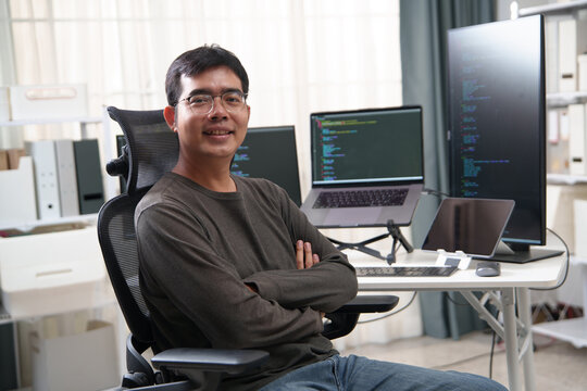 Portrait of a Software Engineer Working at a Desk with Multiple Screens and Coding Work