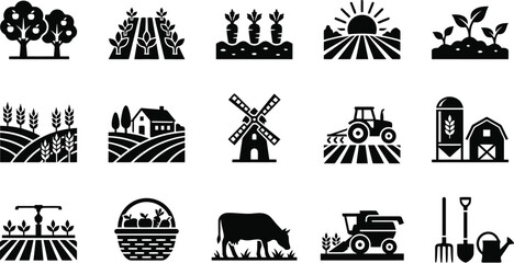 Fototapeta premium Agriculture icon set featuring black flat glyph designs of farming equipment crops livestock and rural landscape elements for projects