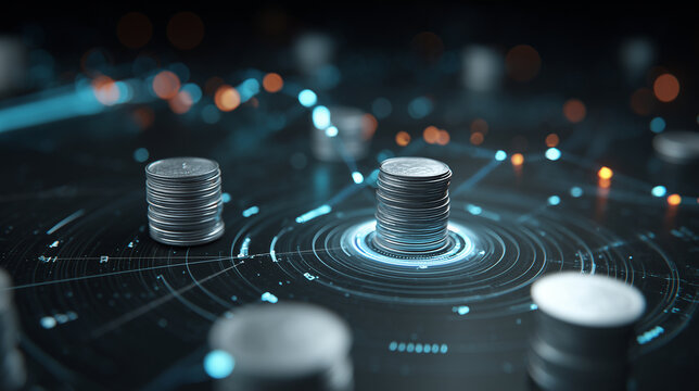 Close-up of stacked metallic coins on glowing digital circuit surface in cool teal lighting