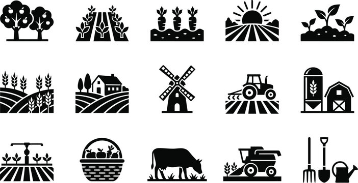 Agriculture icon set featuring black flat glyph designs of farming equipment crops livestock and rural landscape elements for projects
