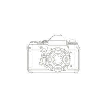 Modern Digital Camera Outline Illustration in Clean Line Art Style on White Background