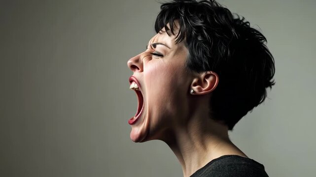 Profile of a young woman with short black hair, dark clothes, and red lipstick, screaming with eyes closed, conveying intense emotions like anger and frustration against a neutral background