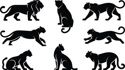 Set of wild predatory cat silhouettes with predator silhouette wildlife collection isolated creature wilderness illustration dangerous wildlifeicon stylized minimalist decorative prowling © MstAsmaAkter