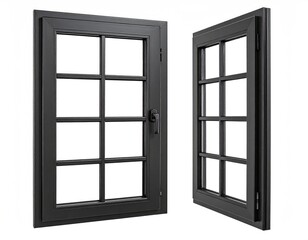 Obraz premium Two dark modern casement windows with grilles, one open