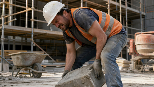 Construction worker in hard hat and safety vest straining while lifting a heavy concrete block on a building site