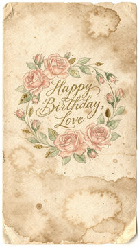 A hand-drawn vintage birthday card featuring delicate watercolor roses intertwined with handwritten calligraphy saying Happy Birthday, Love, gold foil accents, cozy coffee-stained paper texture, intim