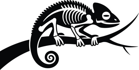 Stylized graphic art of a chameleon skeletal anatomy perched on a branch with chameleon skeleton wildlife illustration minimalist creature structure silhouette isolated contrast stylized © MstAsmaAkter