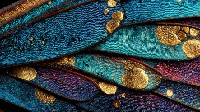 Blue butterfly wing scales with gold show pigment granules and metallic deposits under magnification conservation scientist catalogs micro flecks for pigment analysis and restoration research.