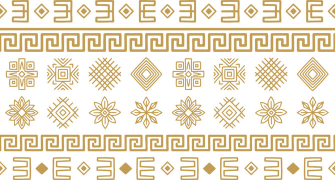 Seamless pattern featuring traditional gold ethnic geometric motifs and greek meander borders on a clean white background decorative design