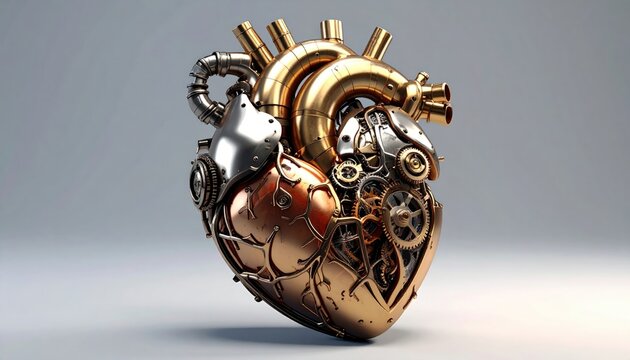 Intricate mechanical heart with brass and silver gears, pipes, and valves