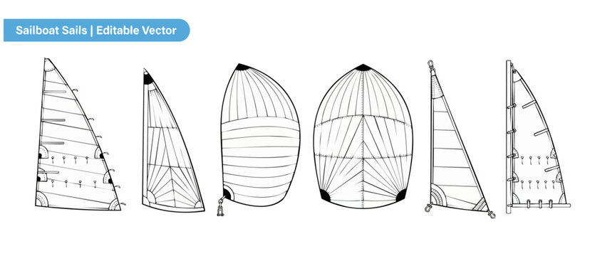Sailboat sails vector line art set for yacht rigging diagrams and nautical design. Black and white outline icons of mainsail, jib, spinnaker, and windsurfing sail shapes isolated on white background.
