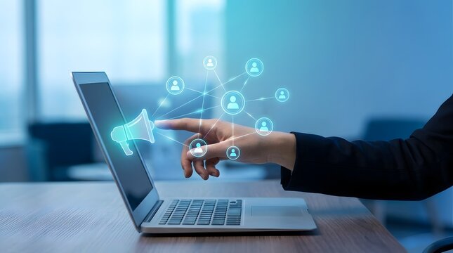 Businessman hand touching laptop screen with holographic megaphone icon. Concept of digital marketing online communication social media broadcast and PR campaign