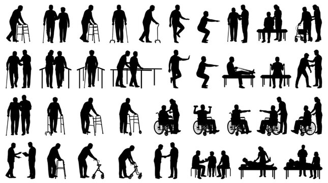 Elderly Rehabilitation Caregiver Silhouette Vector Set &mdash; Senior Patients with Therapist, Parallel Bars, Wheelchair Exercise, Walker and Massage

