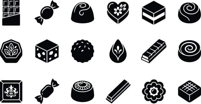 Chocolate icons set featuring various delicious sweets candies truffles bars and pralines in a flat minimalist black vector style
