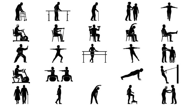 Senior Exercise and Physical Therapy Silhouette Vector Set &mdash; Elderly Figures on Exercise Bike, Parallel Bars, Resistance Band, Ball and Tai Chi
