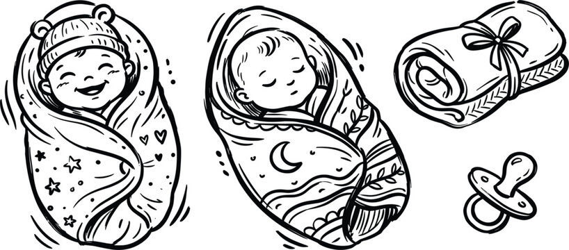 Hand Drawn Newborn Baby Care Illustration Set Featuring Swaddled Infants, Soft Blanket Wrap and Pacifier Nursery Essentials