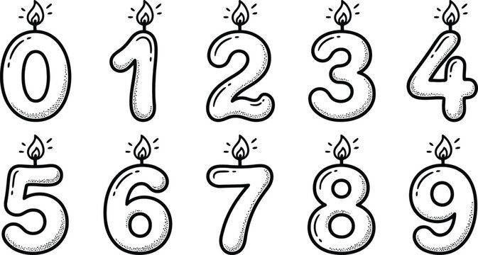 Birthday candle numbers featuring zero to nine digits with hand drawn doodle style outlines on a clean white background