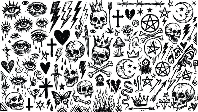 Hand drawn tattoo flash set featuring skulls eyes lightning bolts hearts stars crowns daggers and occult symbols on white background