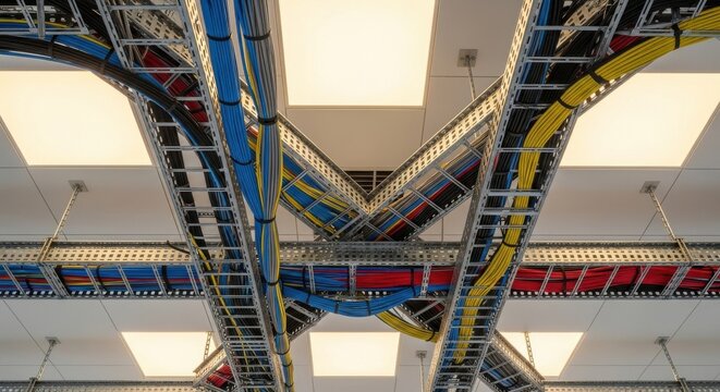 Complex network of colorful cables organized within ceiling-mounted infrastructure, showcasing modern data and electrical system management.