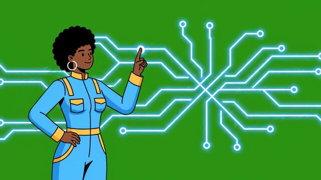 Woman interacting with digital network schematic during presentation with green background