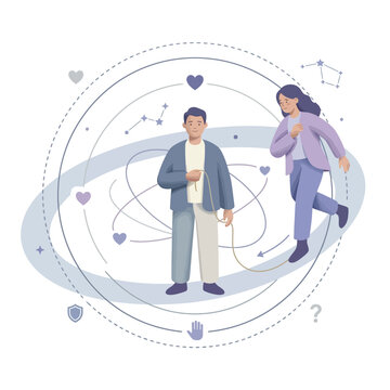Relationship anxiety attachment fear abandonment metaphor 2D vector cartoon illustration, attachment theory mental health psychology awareness, slate blue lavender cream concept
