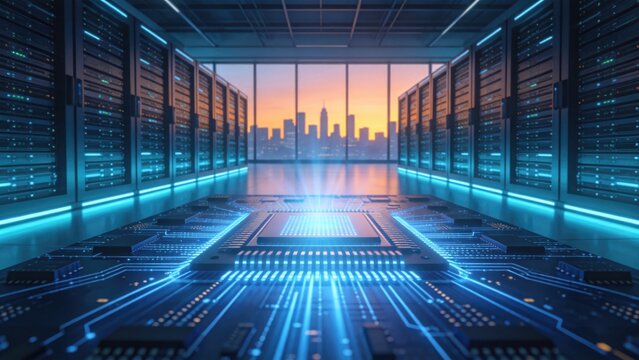 Powerful microprocessor integrated within modern data center infrastructure representing cloud computing server technology and enterprise digital transformation