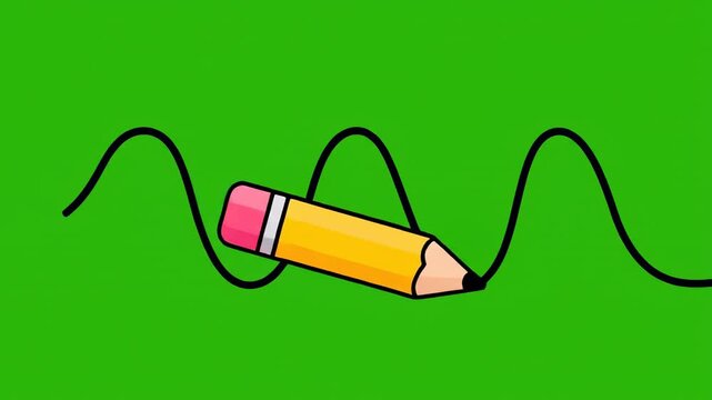 Yellow pencil drawing wavy lines on green screen with copy space for text overlay