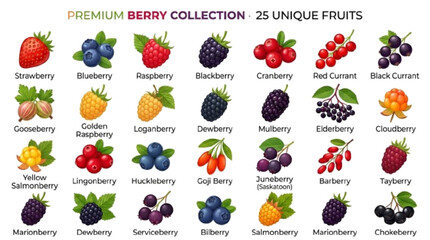 Create a premium vector collection containing 25 unique berry fruits, strawberry, blueberry, raspberry, blackberry, cranberry, currant, gooseberry, colorful clean vector illustration, isolated objects © Natasa Akter 