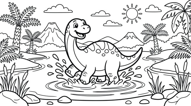Children Coloring Page of Cute Brontosaurus Dinosaur Splashing in Water with Volcano Background