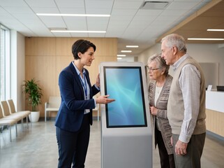 Fototapeta premium Support guide assisting elderly couple at self service kiosk in lobby