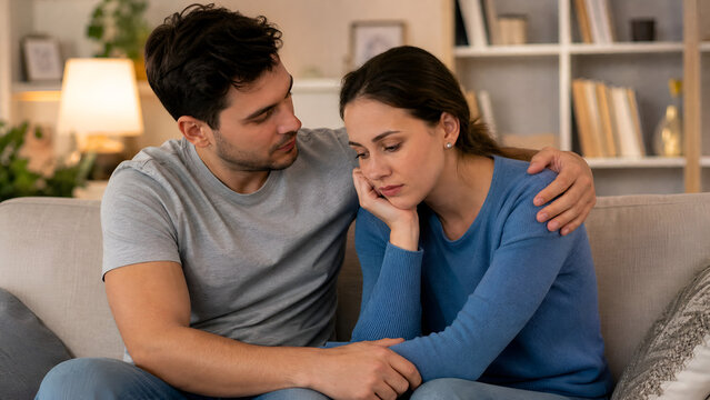 A caring man comforting his sad girlfriend while sitting on a sofa at home