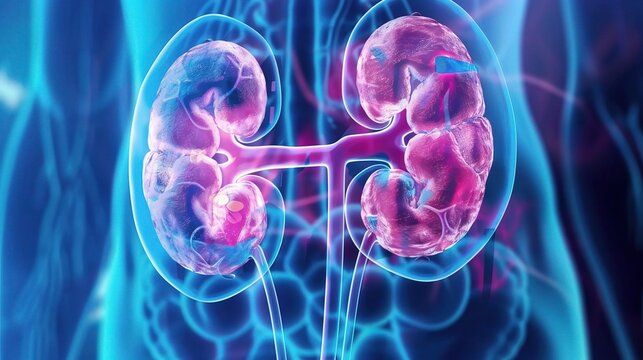 Kidney cancer: renal malignant tumor diagnosed via imaging and biopsy, treated with surgery and targeted therapy for urology research and professional medical illustration