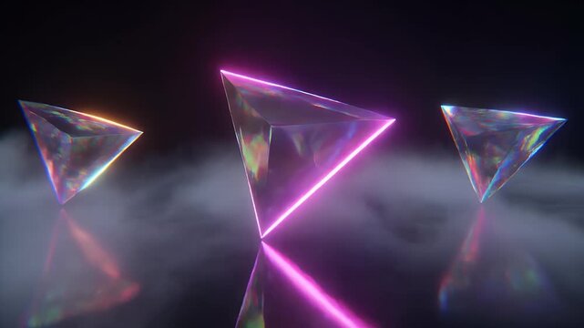 Abstract Glowing Triangular Prisms Floating in Dark Atmospheric Mist with Vibrant Iridescent Light Refractions and Soft Cinematic Reflections