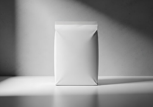 Clean White Stand Up Pouch Packaging Mockup with Subtle Shadows and Light