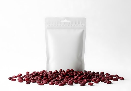 Dried Cranberries Spill from Blank White Stand Up Pouch Packaging on White Background
