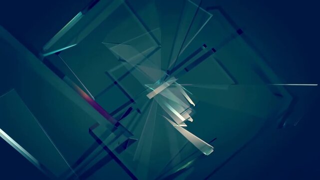 Slow motion tracking shot of abstract glass shards rotating and intersecting in dark studio with teal blue gradient lighting and reflective translucent panels