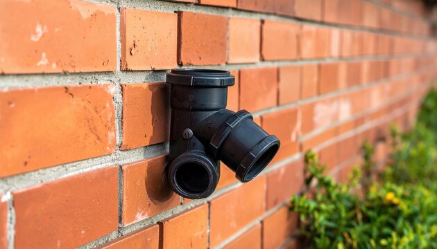 Black drainpipe fitting on textured brick wall with green foliage