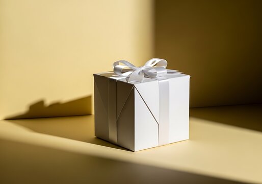 Elegant White Gift Box with Satin Ribbon Bow on Yellow Background Dramatic Light
